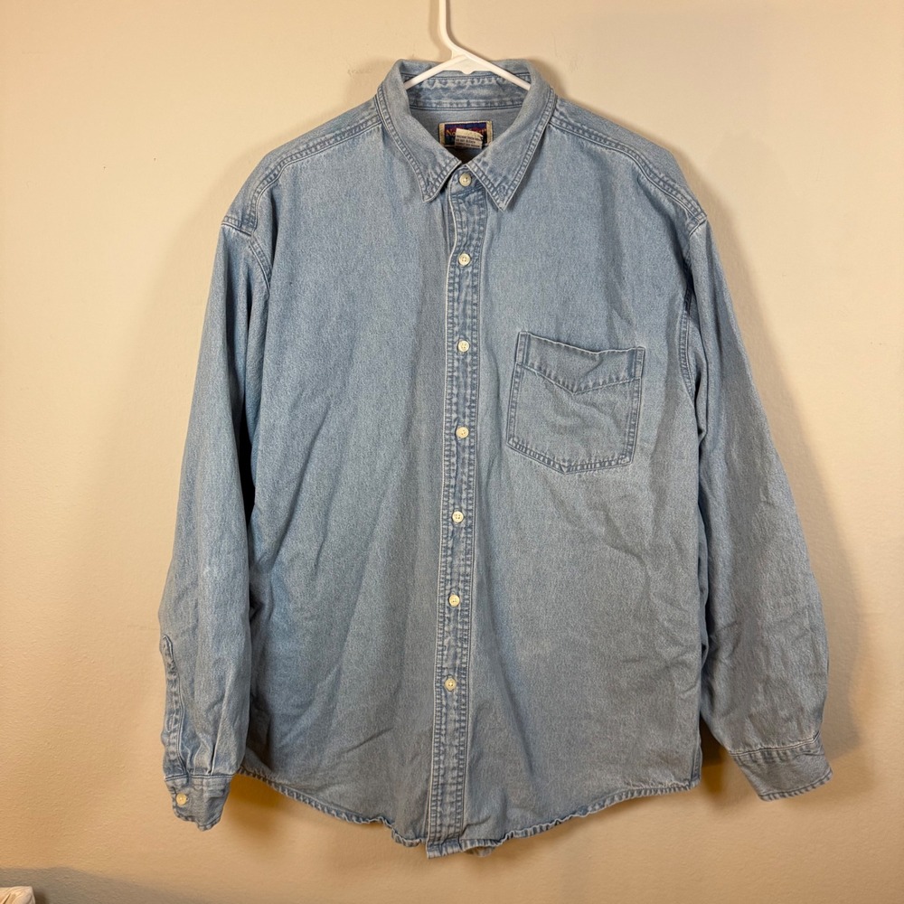 NorthCrest Mens Long Sleeve Denim Work Shirt Button Up Size L